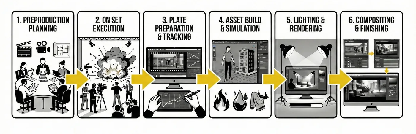 Flowchart illustrating film production: Planning, set execution, plate prep, asset build, lighting, and compositing, with icons and graphics.
