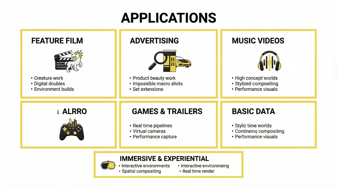 Application categories with icons: Feature Film, Advertising, Music Videos, and more. Includes descriptions of related tasks, set against a white background.