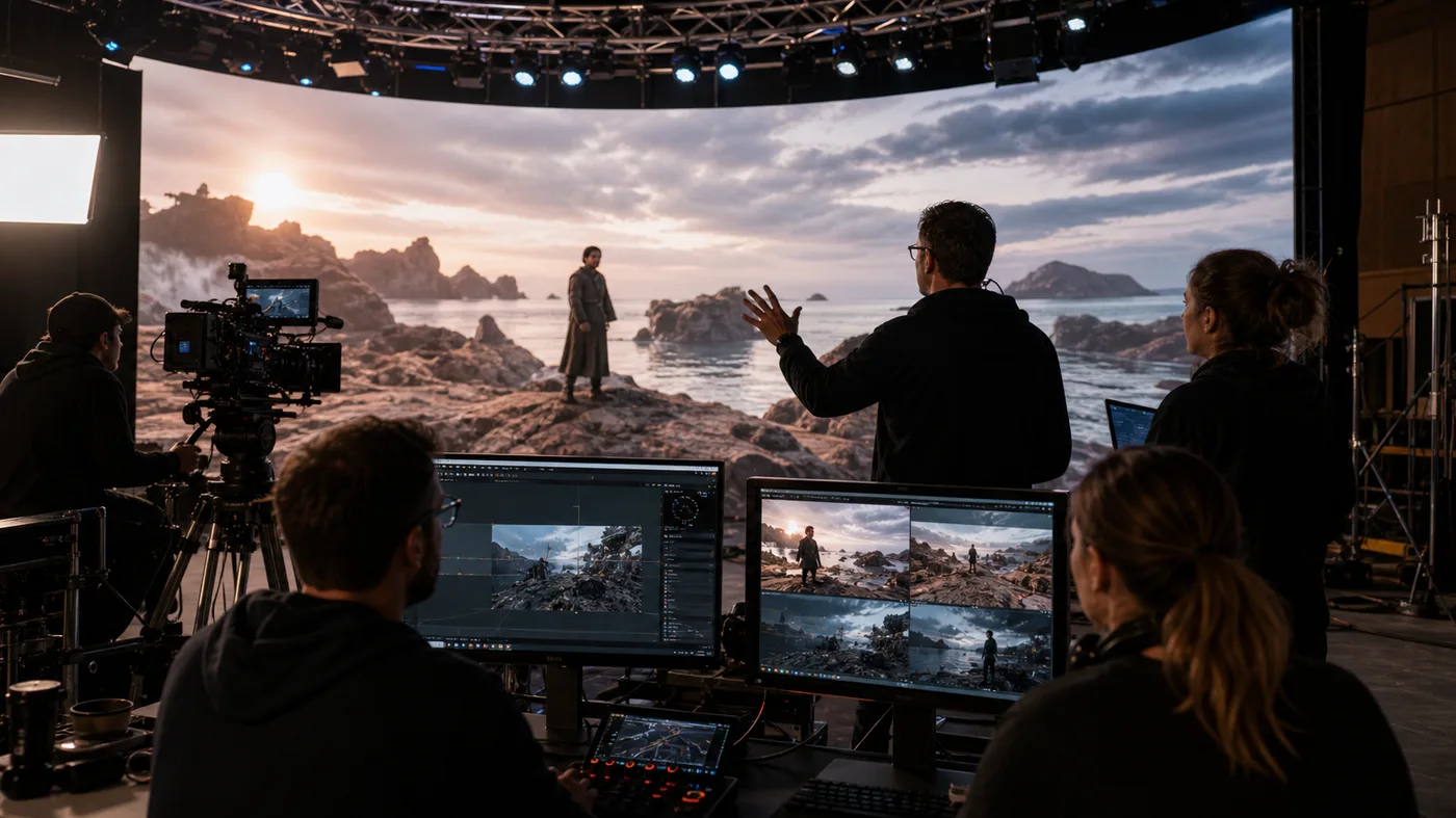 Advertising VFX production team reviewing photoreal product and character visuals