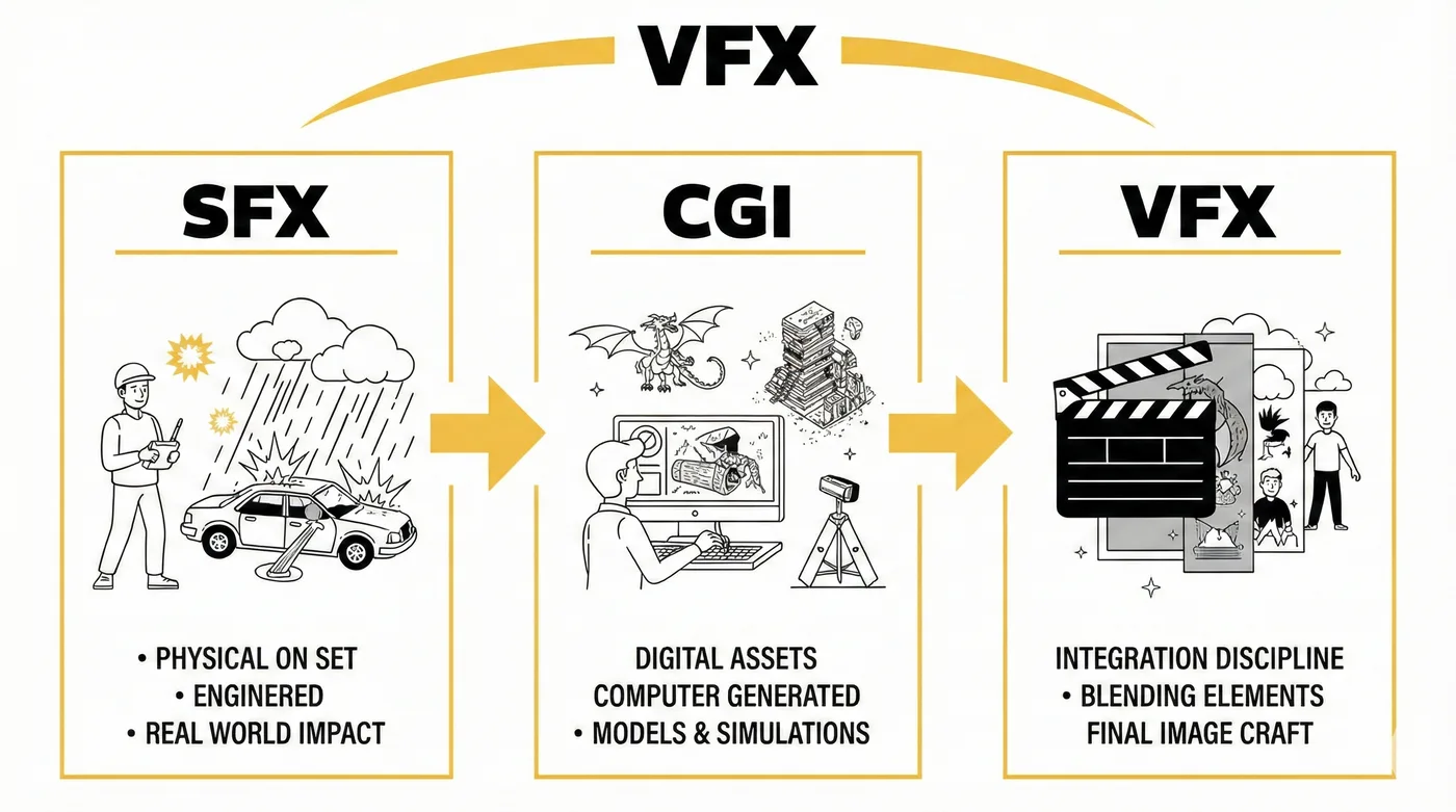 VFX infographic: SFX with a man using tools, CGI with digital assets on screen, VFX integrating elements. Includes text descriptions.
