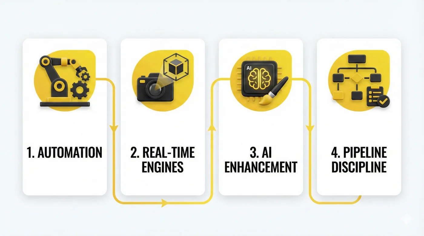 Flowchart with four steps: 1. Automation, 2. Real-Time Engines, 3. AI Enhancement, 4. Pipeline Discipline. Yellow icons on white background.