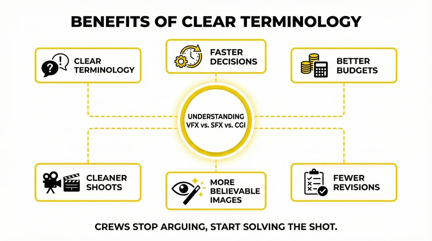 Diagram showing the benefits of clear terminology: faster decisions, better budgets, cleaner shoots, fewer revisions, believable images.