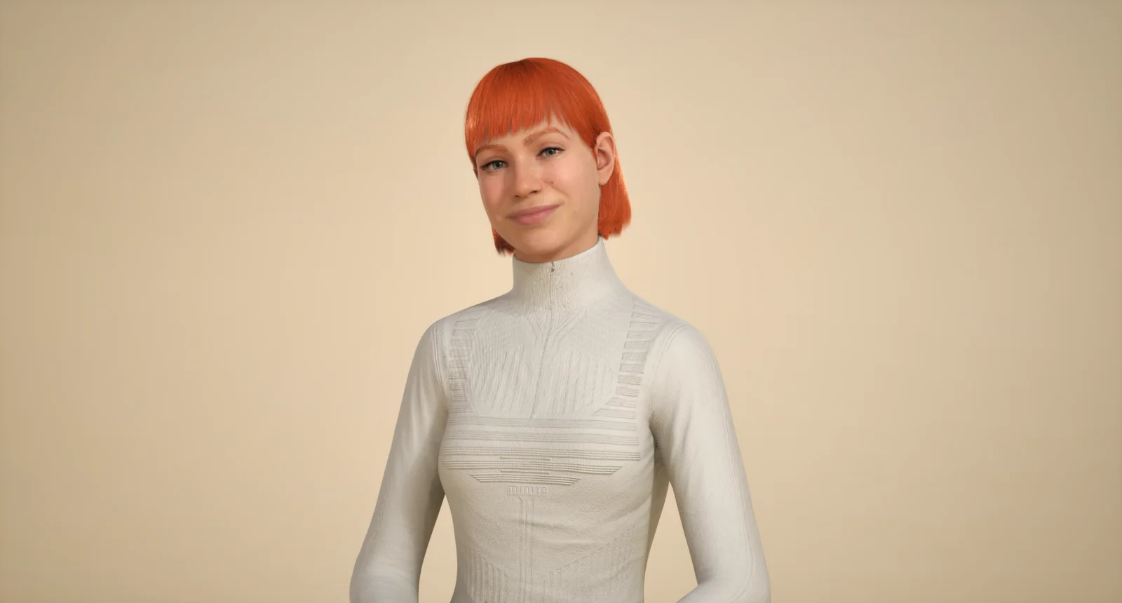 Photorealistic red-haired digital human in white bodysuit by Mimic VFX.