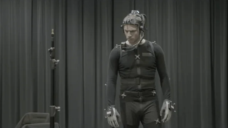 Performer wearing a motion capture suit and facial capture headset
